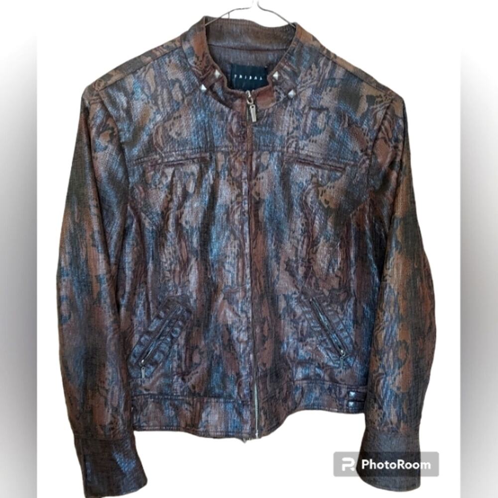 Tribal Moto Jacket Abstract Print Shimmer Full Zip And Lined Stud Details-Sz 16